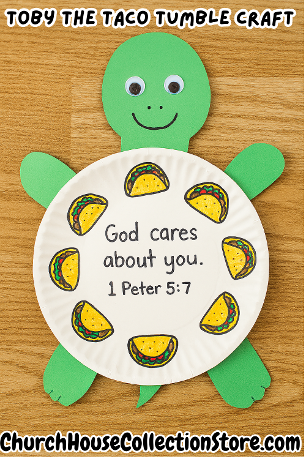 Taco Tumble Turtle paper plate Bible craft for Sunday school for preschool. Free. Goes with lesson plan and taco tumble song.