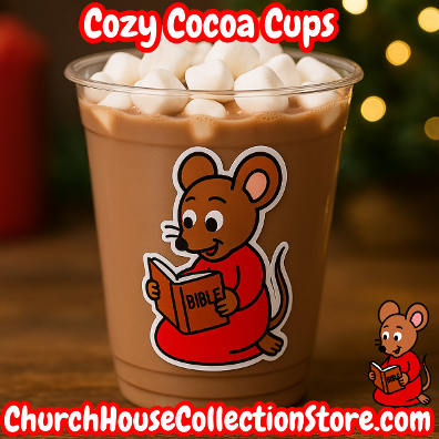 Hot Chocolate cup with masrhmallows in it with a mouse reading a Bible in a red nightgown. Free preschool bible Christmas lesson for Sunday school class comes with this for Christmas time. Church House Collection Store