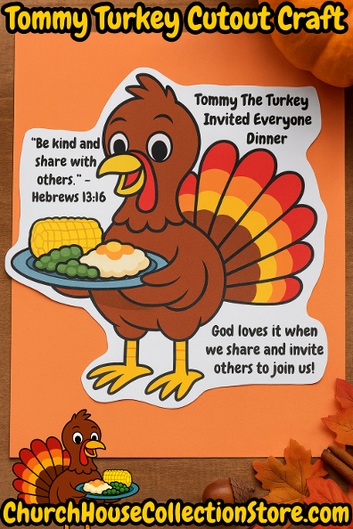 Tommy the turkey Thanksgiving cutout printable paper craft by ChurchHouseCollectionStore.com Free Preschool Bible Sunday School Lessons